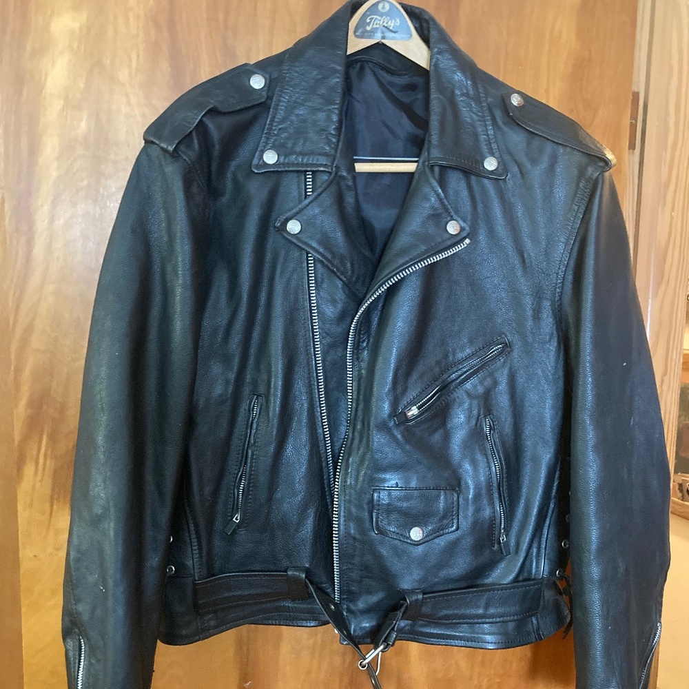 Leather Jacket Mens Large Black Motorcycle Open Road Biker